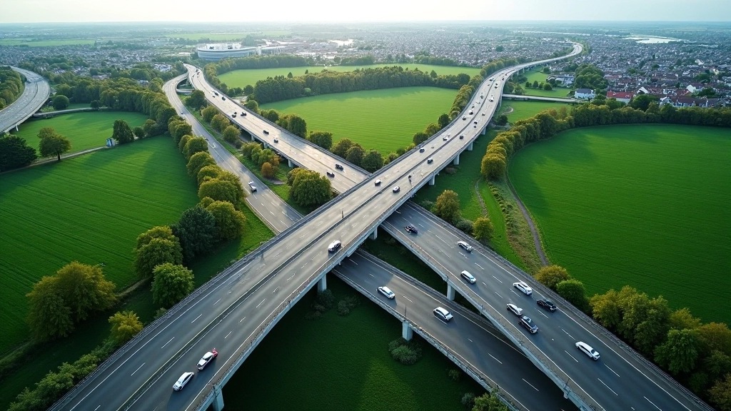 Luftaufnahme eines modernen Autobahnkreuzes mit mehrspurigen Fahrbahnen und grünen Feldern
