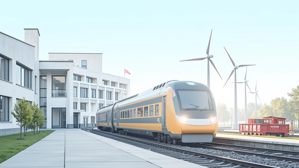 Montage verschiedener öffentlicher Infrastrukturprojekte: Eisenbahn, Schulgebäude, Straßenbau und Windkraftanlage