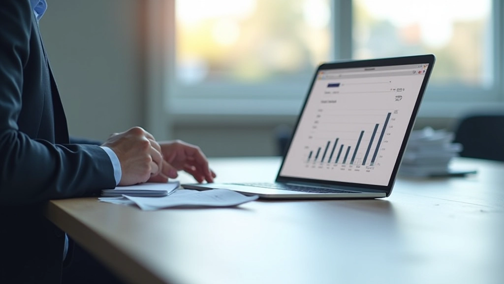 Moderner Konferenzraum mit Laptop und Finanzdiagrammen auf dem Tisch