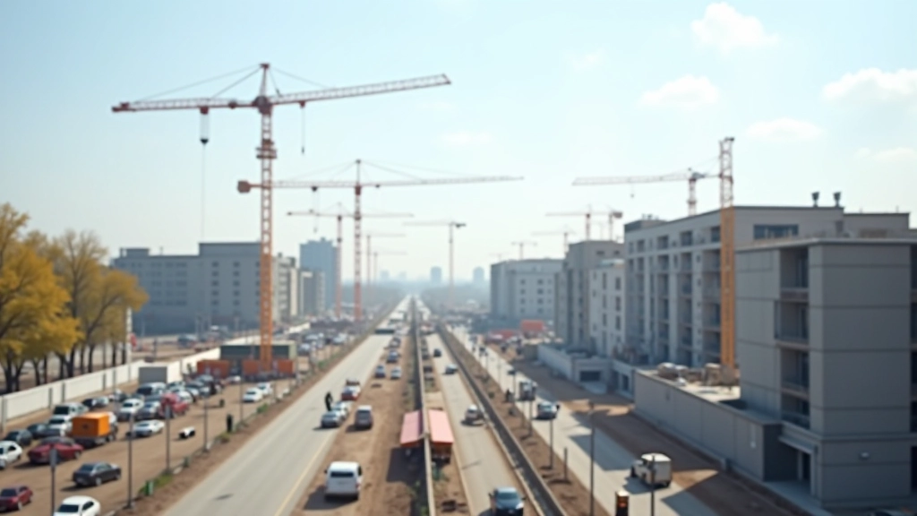 Infrastrukturbaustelle mit Kränen und modernem Bauwerk in der Stadtentwicklung