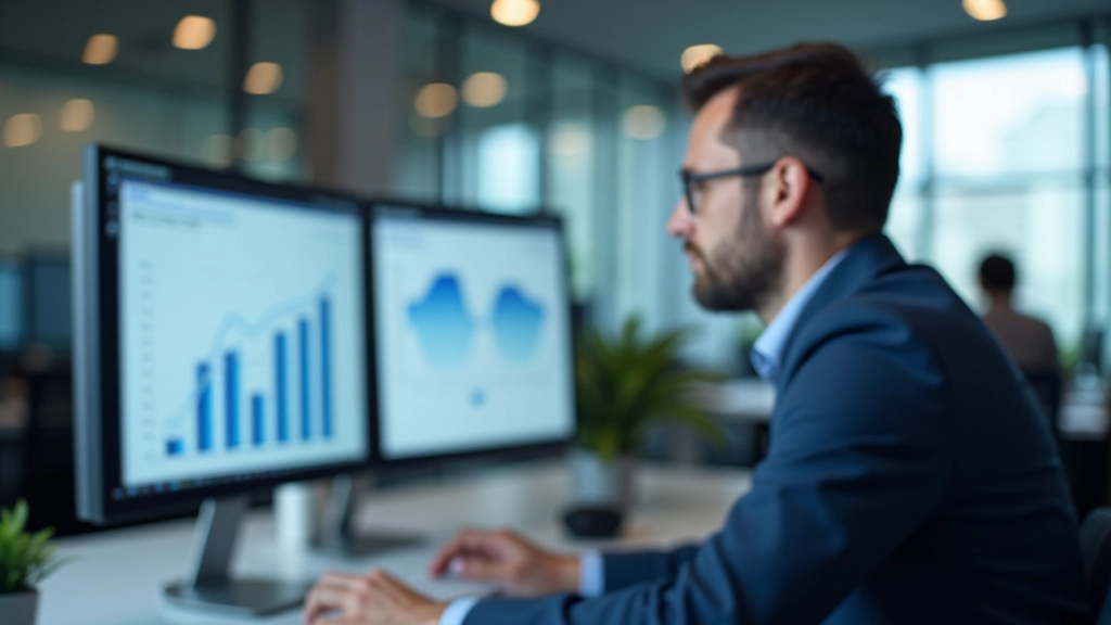 Finanzanalyst überprüft Budgetdiagramme auf modernem Monitor in Büroumgebung