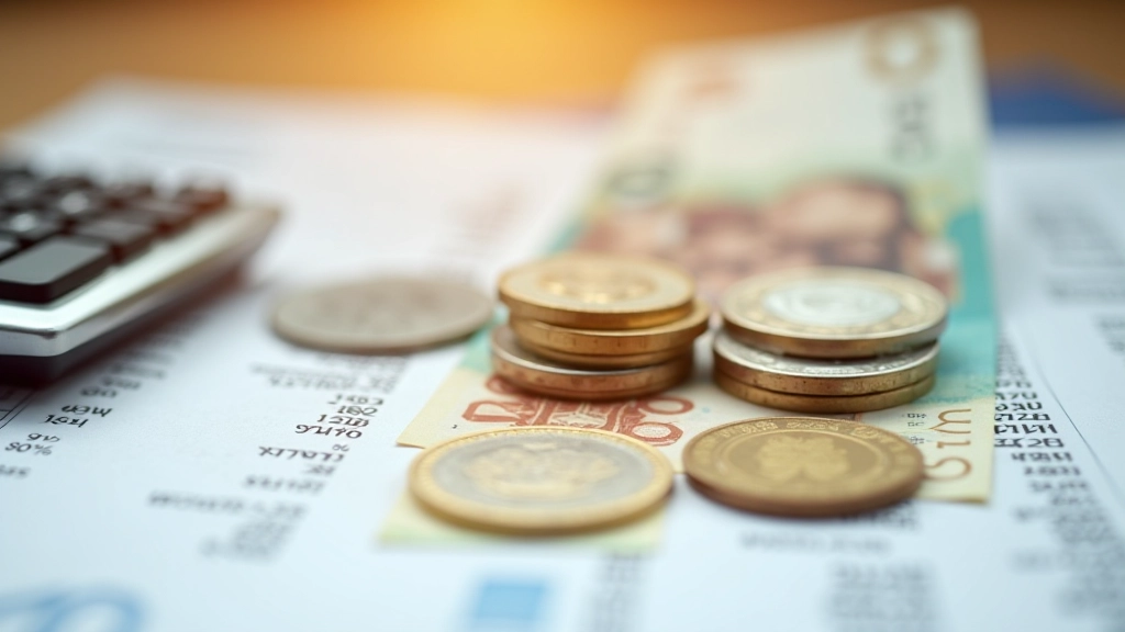Münzen und Banknoten auf Tisch mit Finanzplanungsdokumenten
