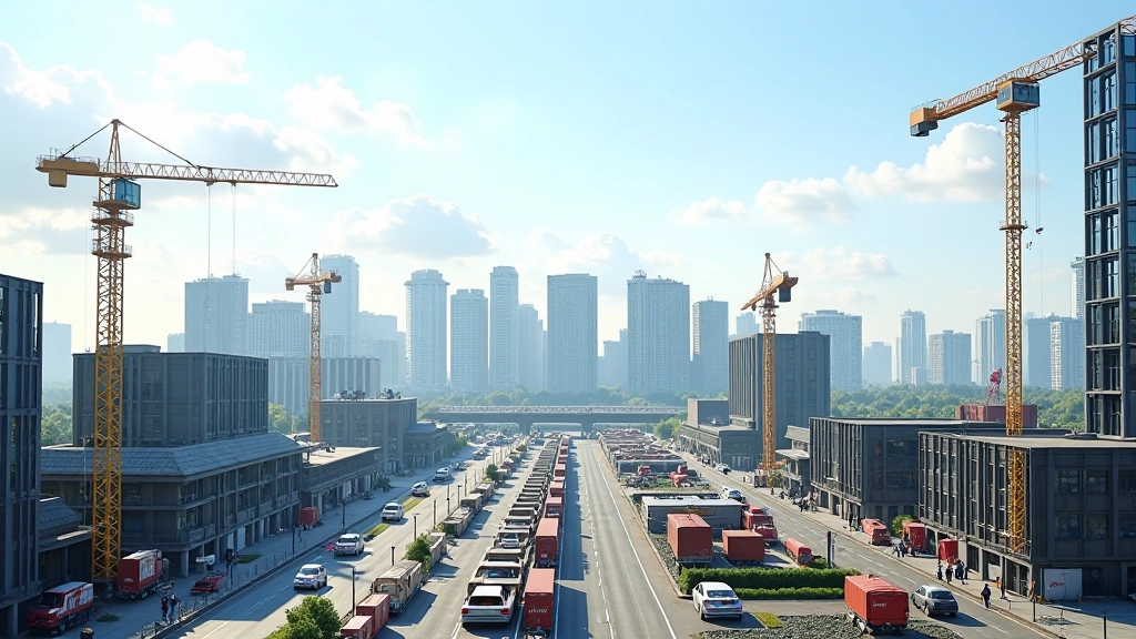 Baustelle mit moderner Infrastruktur und Kranen in einem urbanen Entwicklungsgebiet