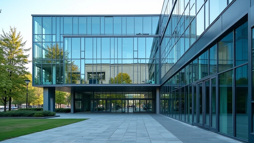 Modernes Finanzministerium mit großen Fenstern und modernem Architekturdesign