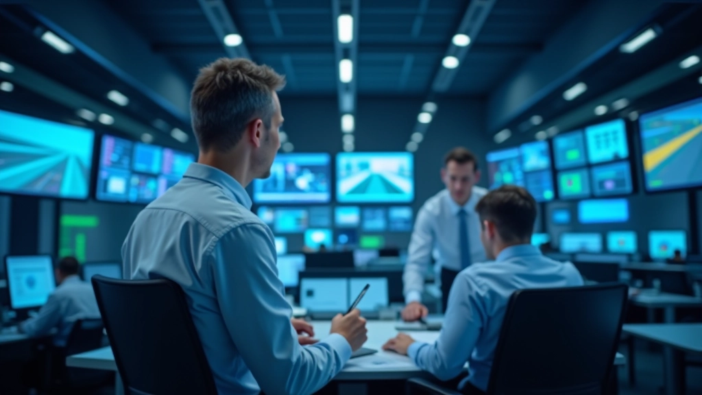 Modernes Zugverkehrszentrum mit technischem Equipment und Monitoren, die Eisenbahnnetze überwachen